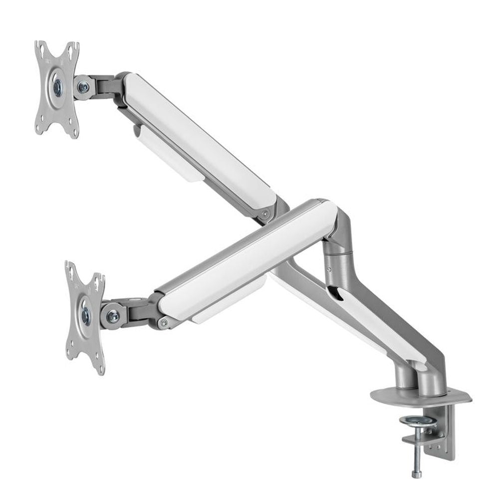 Dual monitor mount arm with two VESA brackets and desk base, silver-gray