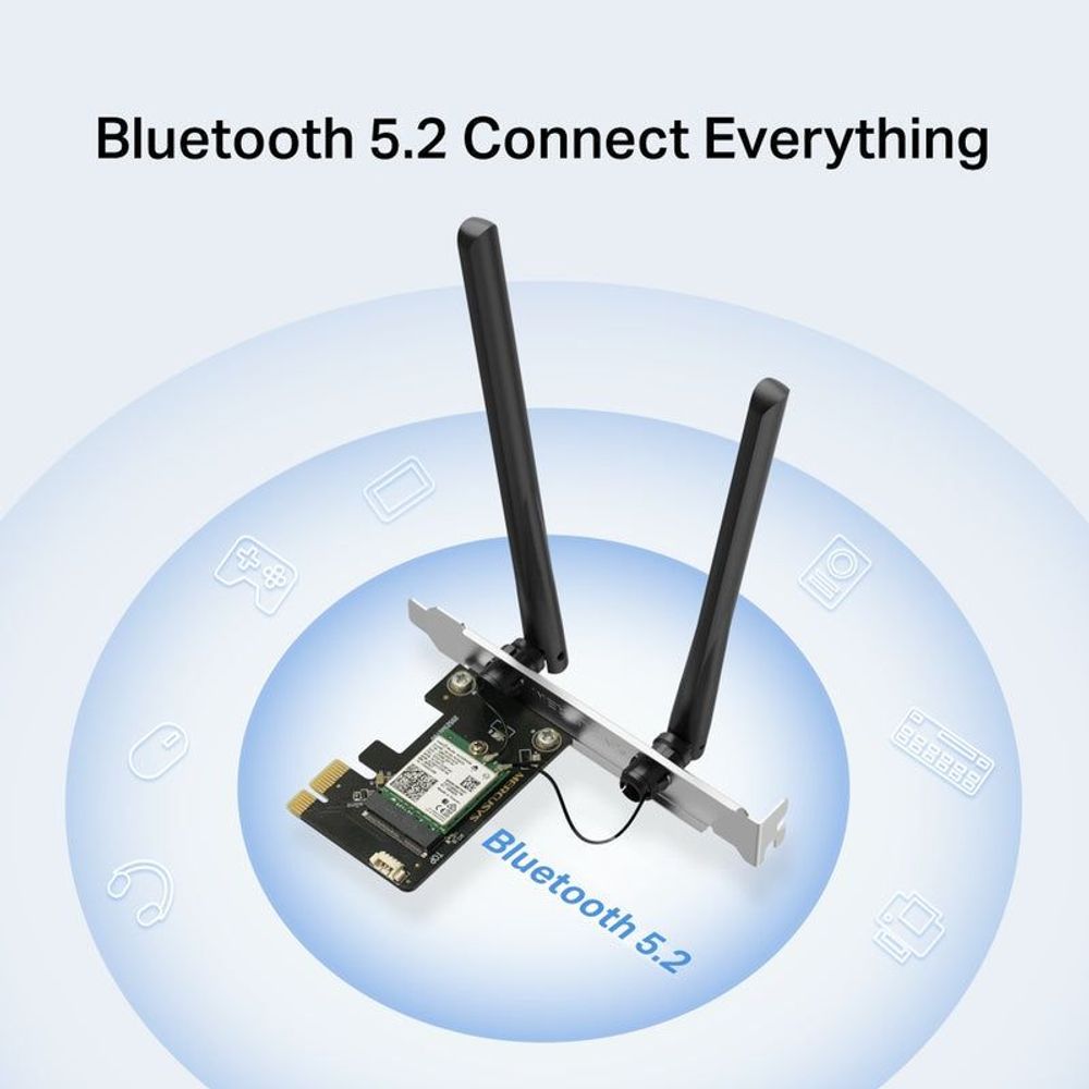 Mercusys Wi-Fi 6 PCIe adapter with two antennas over Bluetooth 5.2 callouts