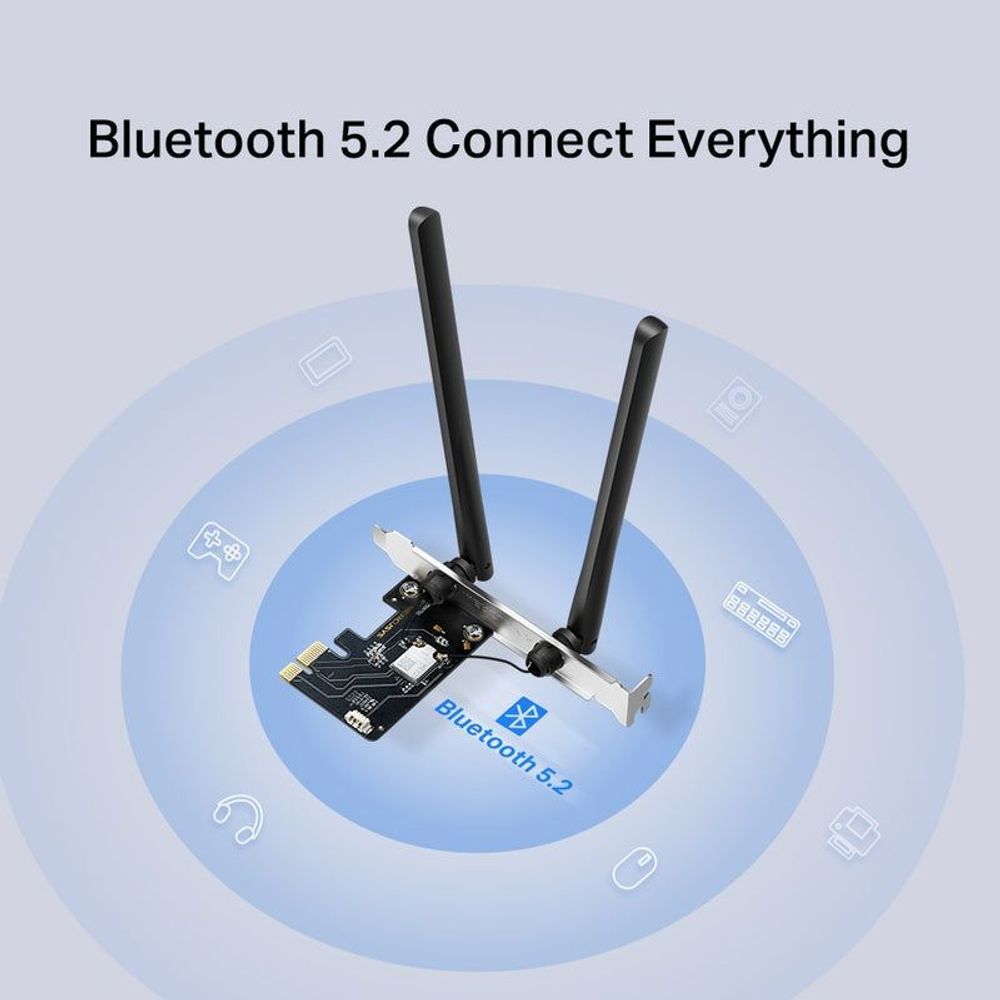 Bluetooth 5.2 connect-everything infographic with Wi‑Fi PCIe adapter and antennas