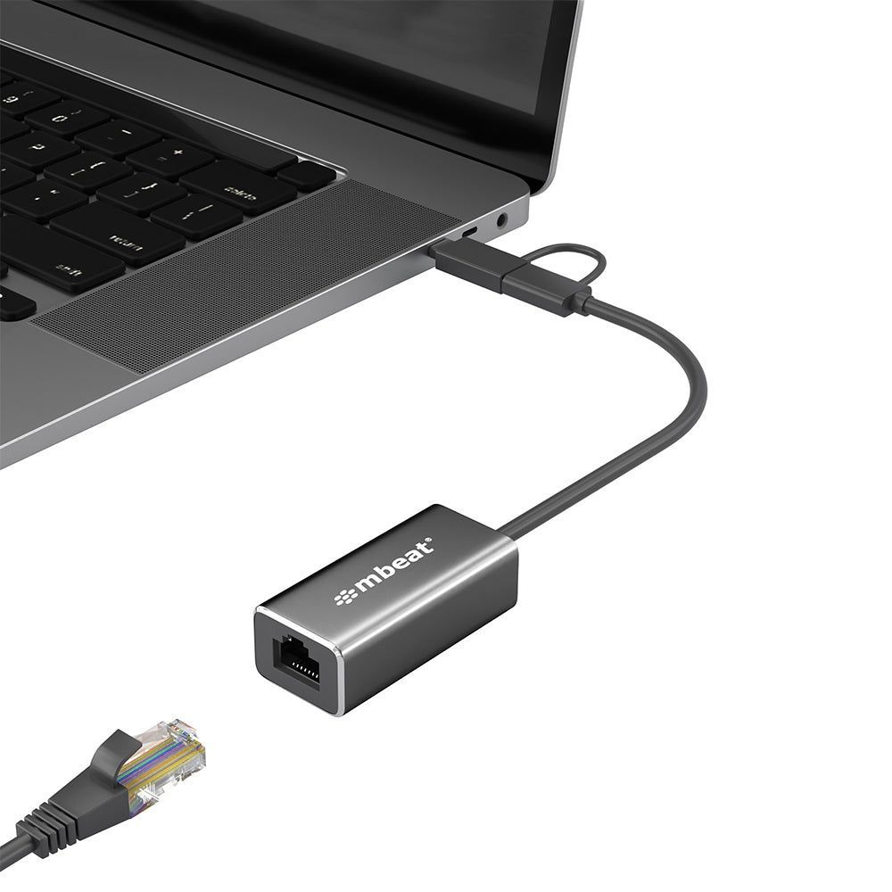 Aluminum mbeat USB-to-Ethernet LAN adapter with RJ45 port and black cable