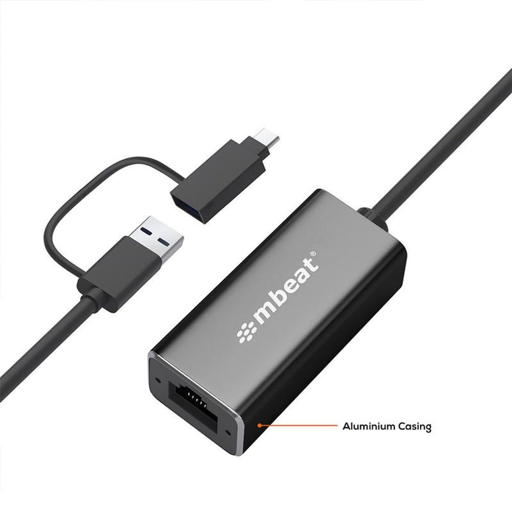 Aluminum mbeat USB-C Ethernet adapter with RJ45 port and dual USB connectors