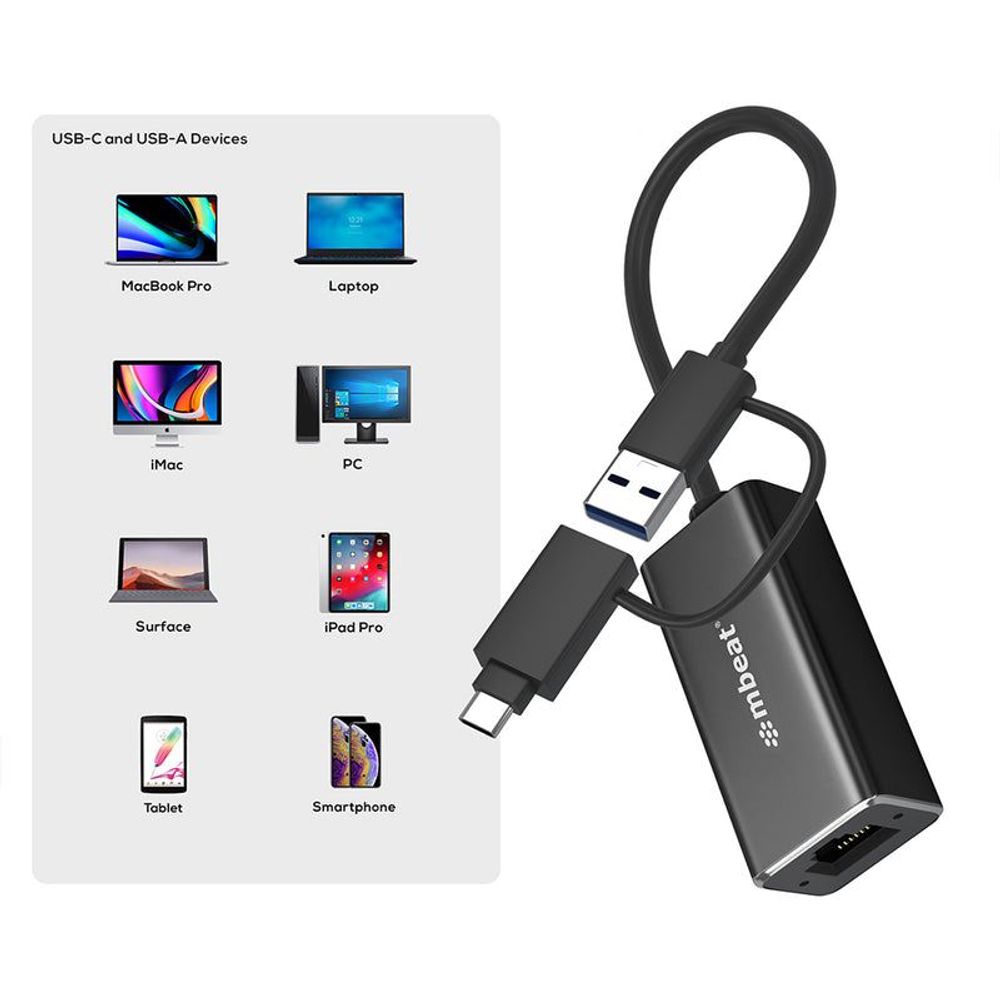 Black mbeat USB-C to Ethernet LAN adapter with USB connectors and RJ45 port