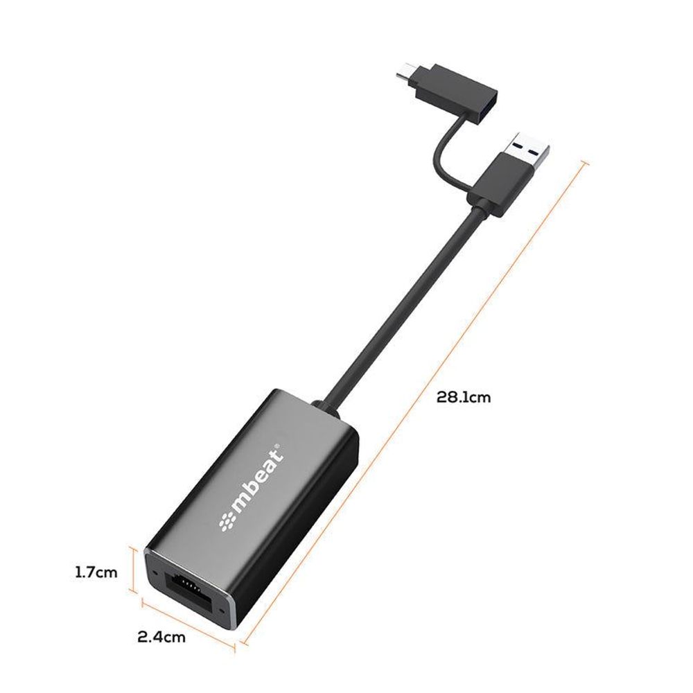 Compact mbeat USB-C gigabit LAN adapter with RJ45 port and USB-A/USB-C cables