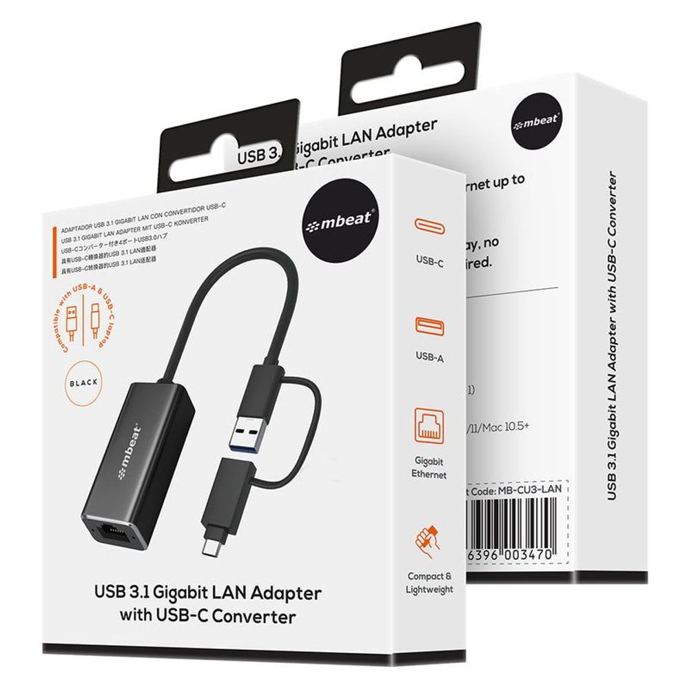 Retail box for mbeat USB 3.1 gigabit LAN adapter with USB-C converter