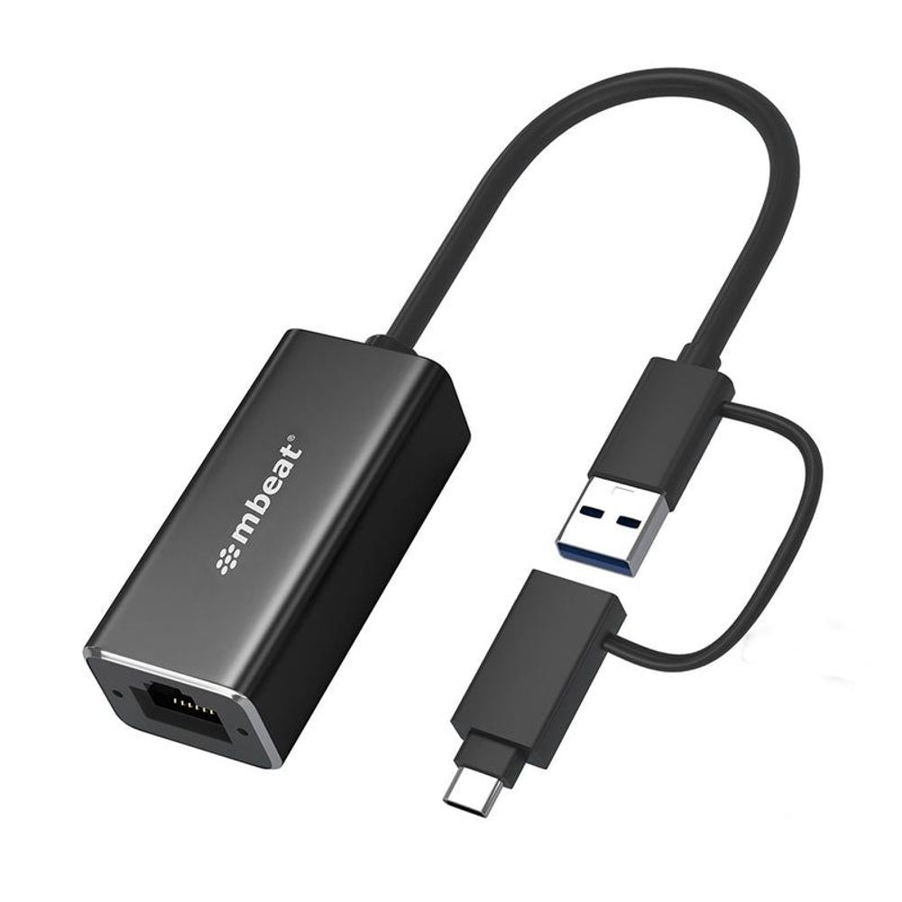 mbeat USB-C Ethernet adapter with RJ45 port and attached USB-A and USB-C cables