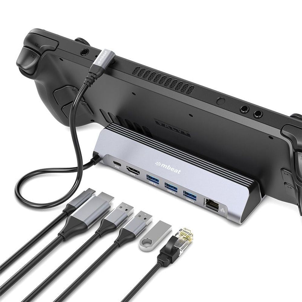 Gray USB-C gaming dock with cables and included adapter connectors