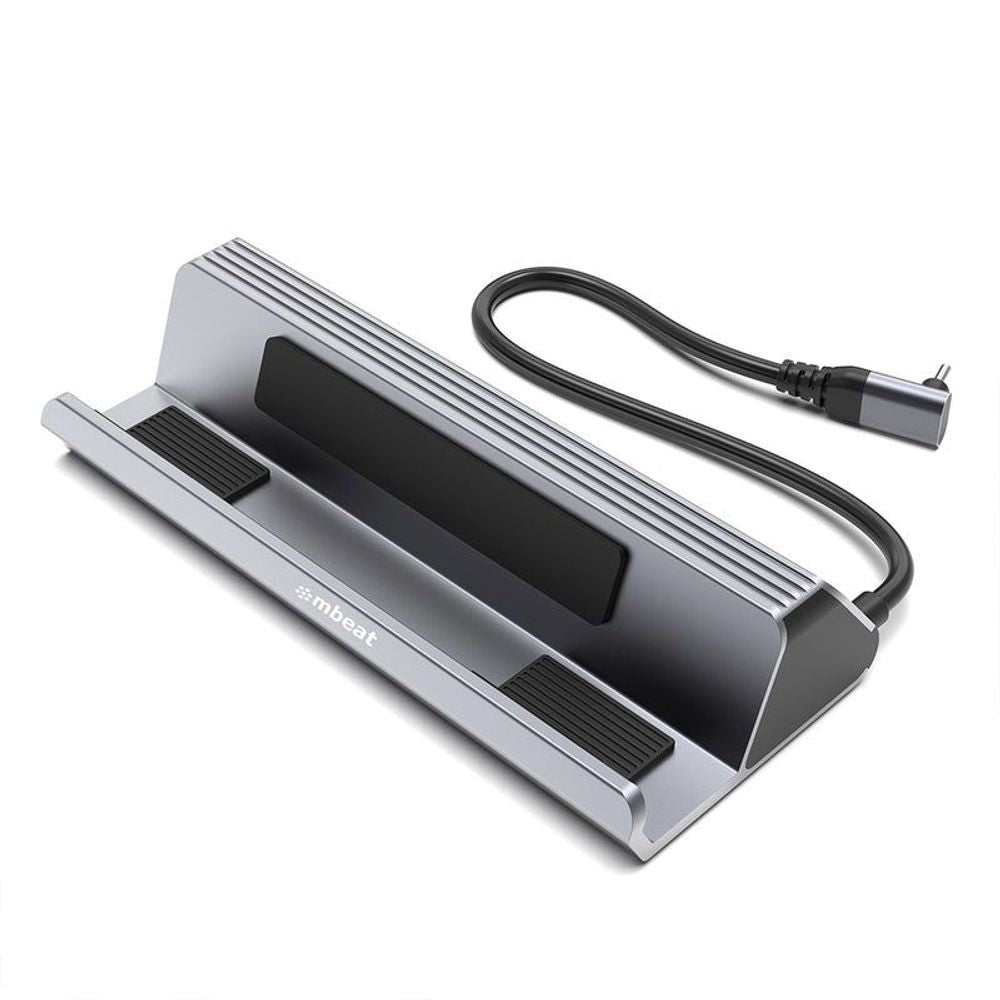 Gray USB-C gaming dock with port panel and side stand
