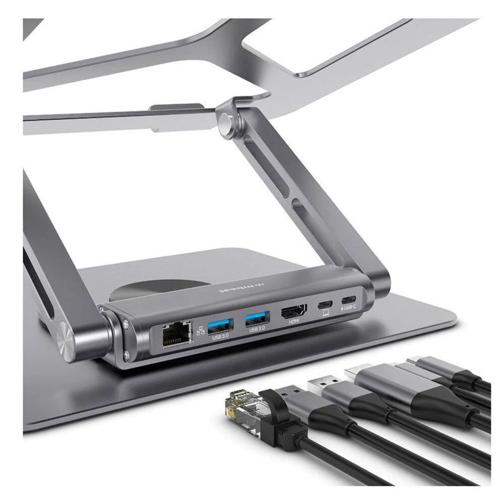 Grey dock module with USB-C port and multiple video and audio ports