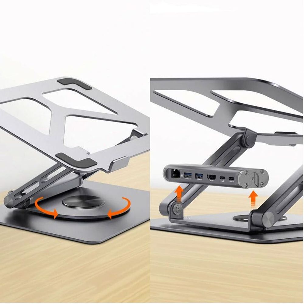 Grey rotating laptop stand with adjustable base and rotation arrows
