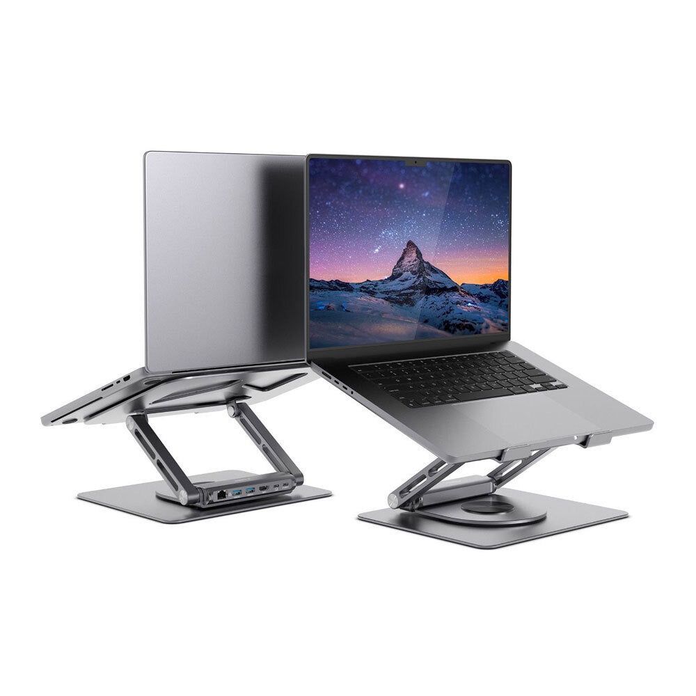 Space grey rotating laptop stand with USB-C docking station and base tray