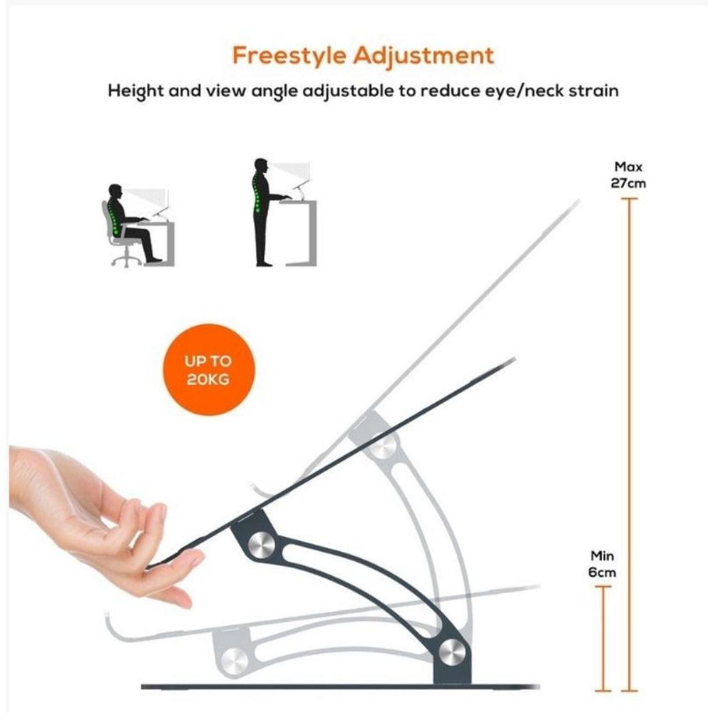 Adjustable laptop stand with hinged height mechanism in dark gray metal