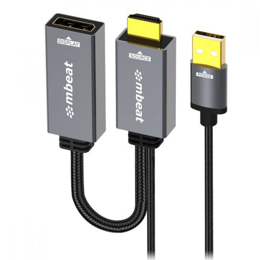 HDMI to DisplayPort active adapter with USB power cable, black housing, molded connectors