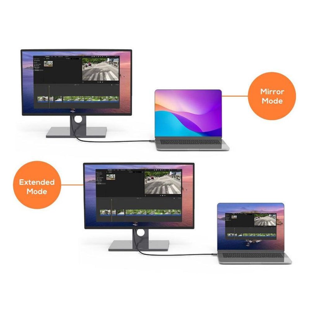 Space grey mini DisplayPort to HDMI cable connecting a monitor to a laptop