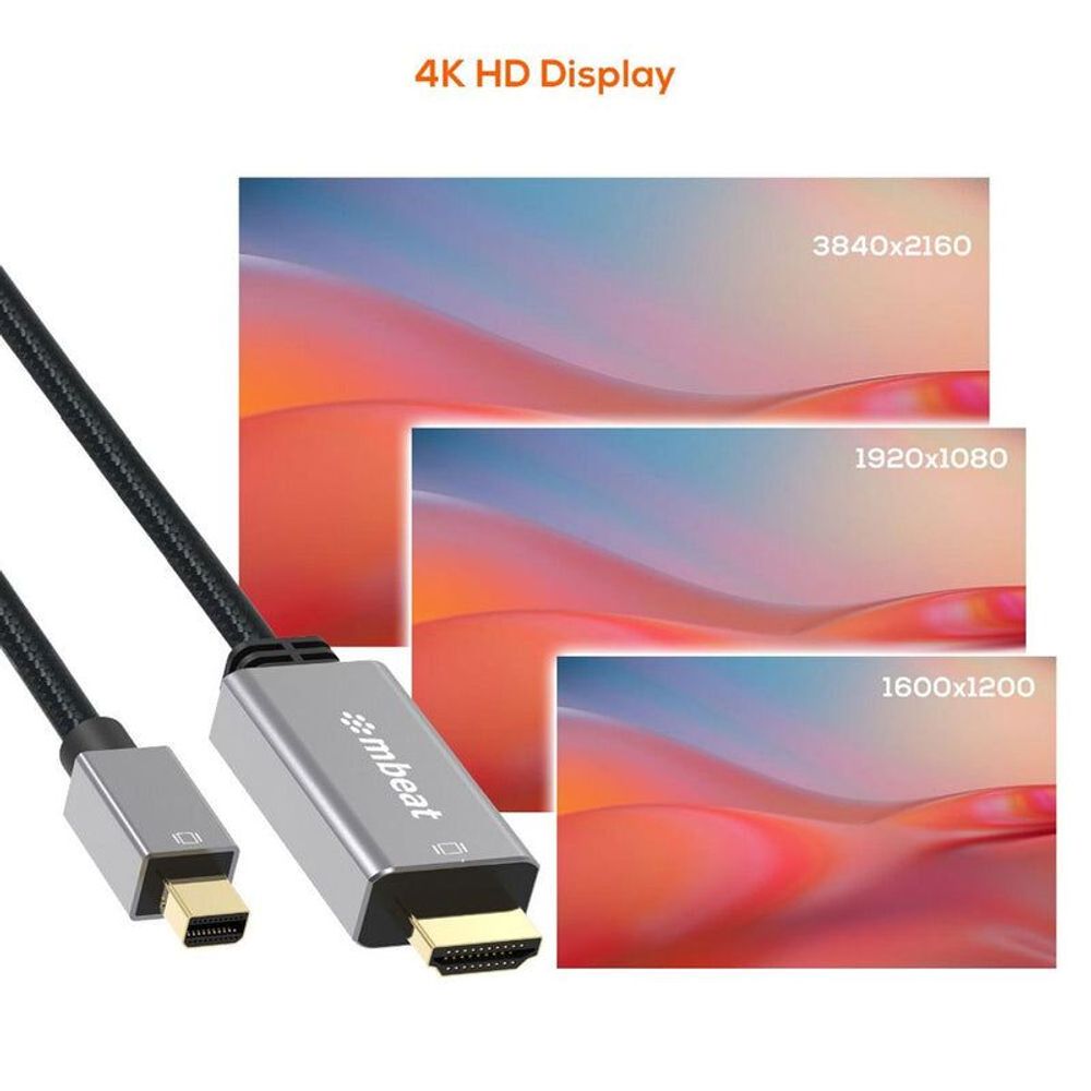 Mini DisplayPort to HDMI cable tips with gold plugs and braided cable
