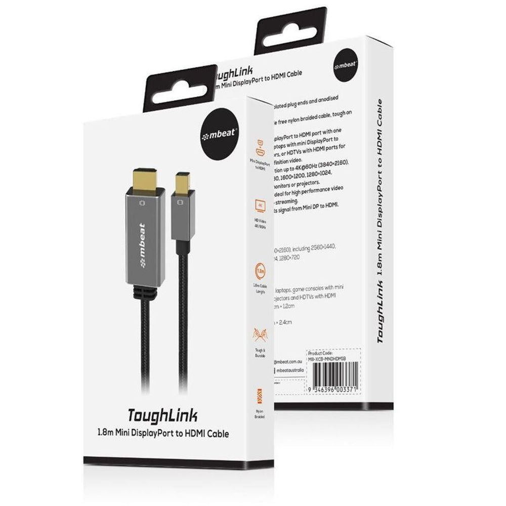 ToughLink mini DisplayPort to HDMI cable box with two gold connector cables