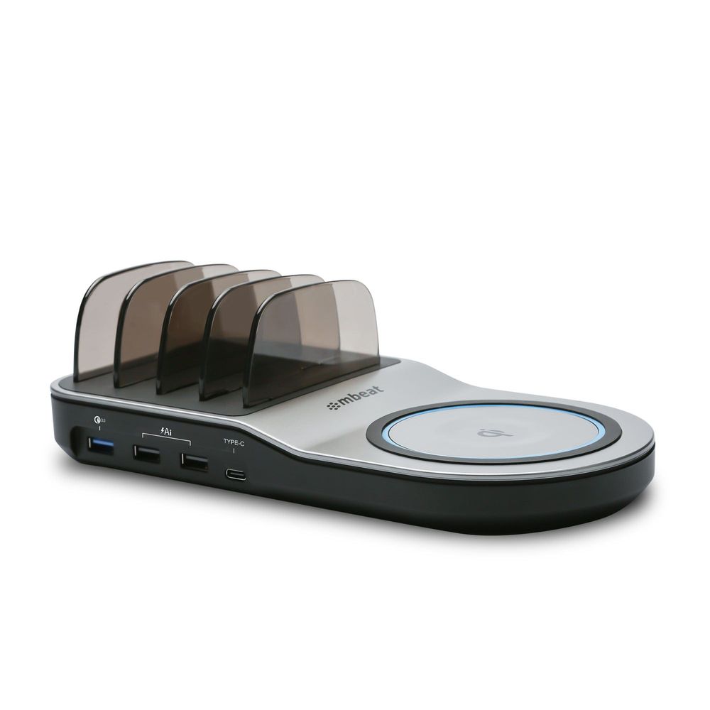 mbeat multi-device charging dock with wireless Qi pad and USB ports, black stand