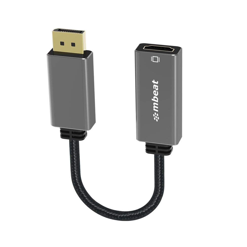 Space gray DisplayPort to HDMI adapter with braided cable and mbeat branding