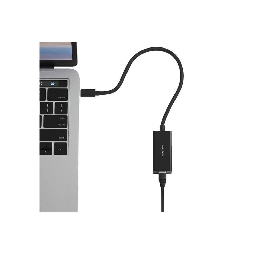 Black USB-C to Gigabit Ethernet adapter with RJ45 and USB-C cables