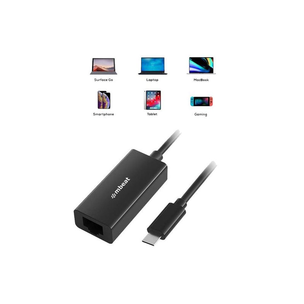 Black USB-C to Gigabit Ethernet adapter with RJ45 socket and USB-C plug