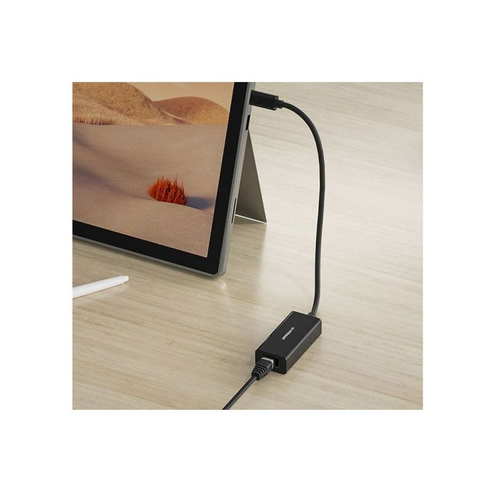 Black USB-C to Gigabit Ethernet adapter with RJ45 port and USB-C cable