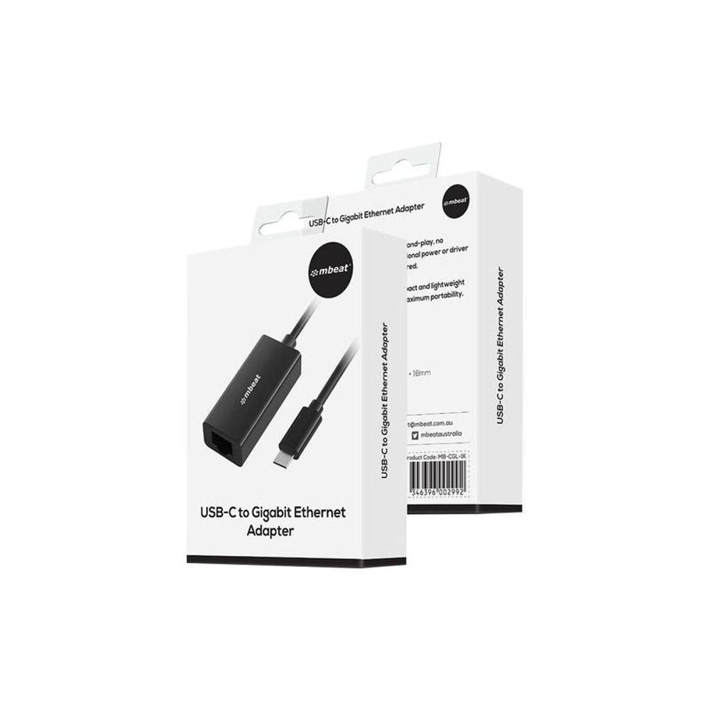 mbeat USB-C to Gigabit Ethernet adapter retail box with attached cables