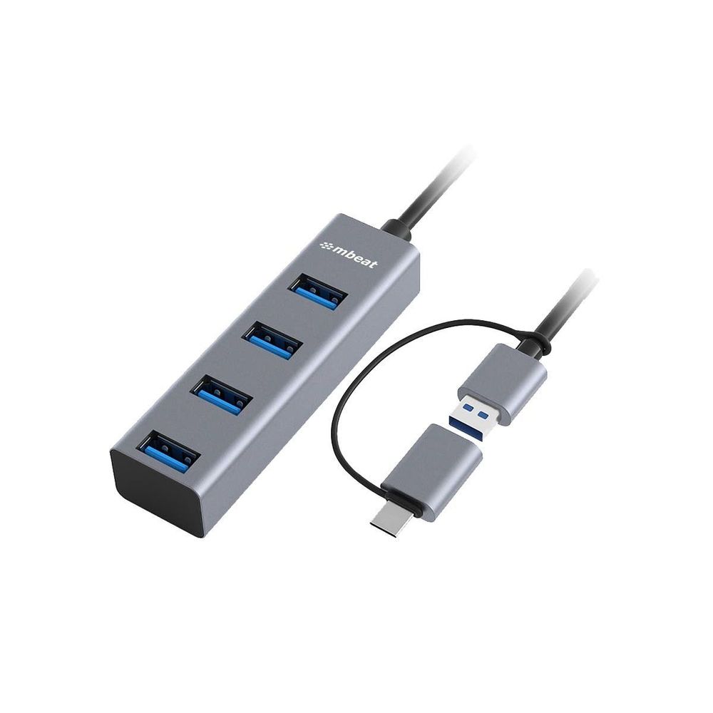 Space gray 4-port USB hub with USB-C converter, four blue USB-A ports and cables