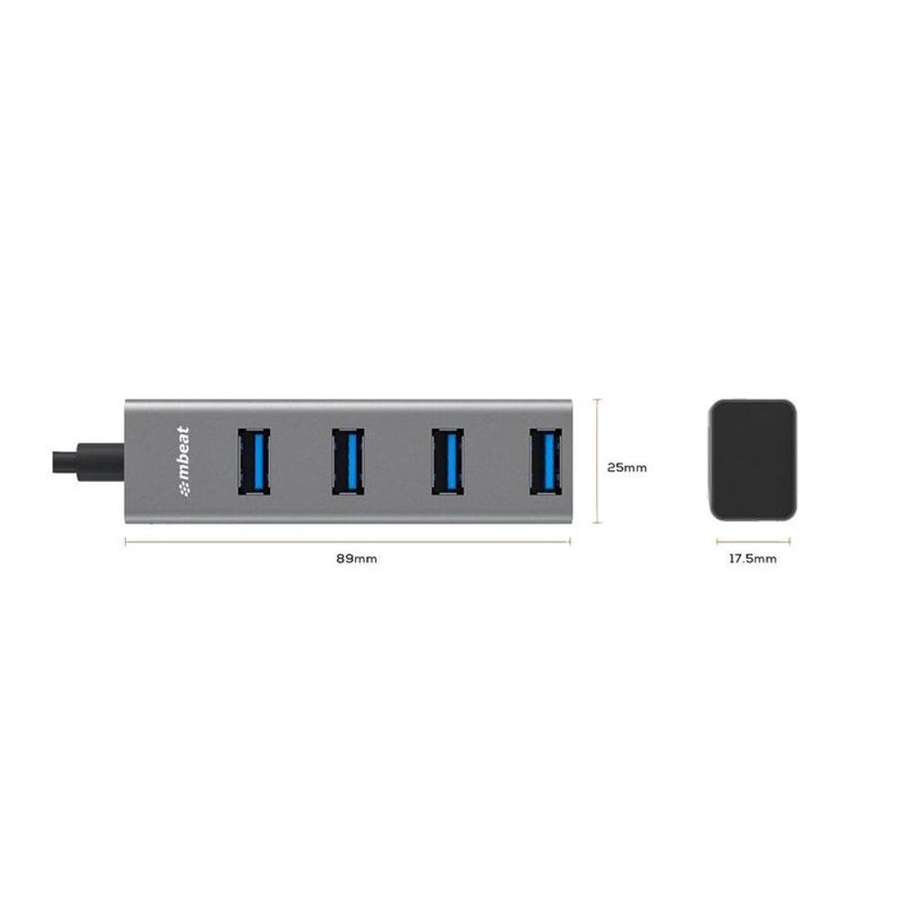 Space gray 4-port USB hub with USB-C converter, showing ports and compact dimensions