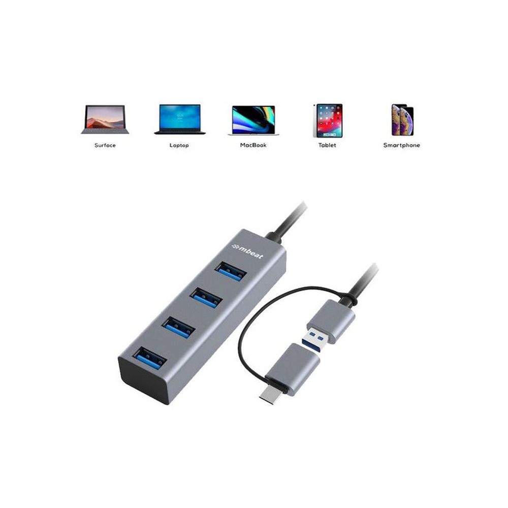 Space gray 4-port USB hub with USB-C converter, four blue USB-A ports and USB-C plug