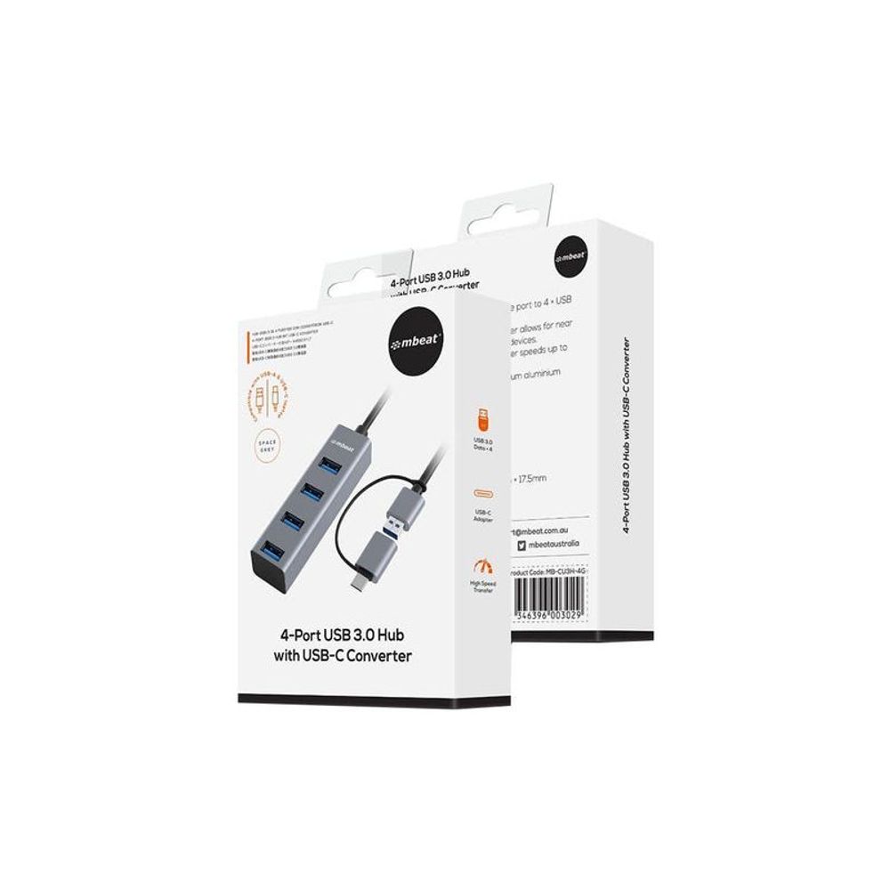 Retail box for Space gray 4-port USB3.0 hub with USB-C converter