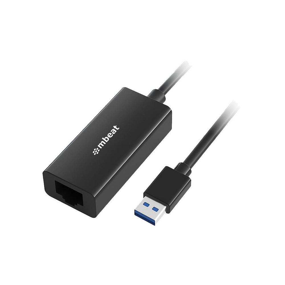 Black USB 3.0 to gigabit Ethernet adapter with RJ45 port and USB-A cable