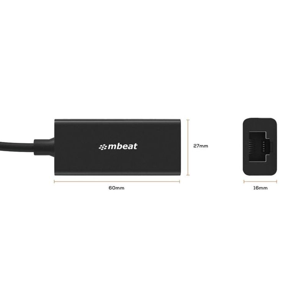 Black USB 3.0 Ethernet adapter showing RJ45 port, USB-A plug, and size labels