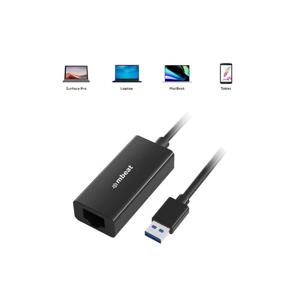 Black Ethernet adapter with RJ45 port and USB-A plug, cables visible from both ends