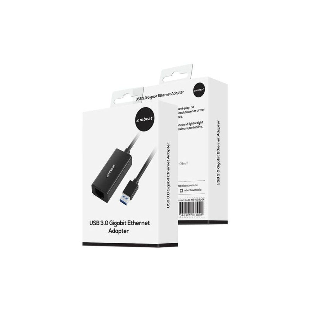 USB 3.0 gigabit Ethernet adapter retail packaging with adapter and RJ45 cable