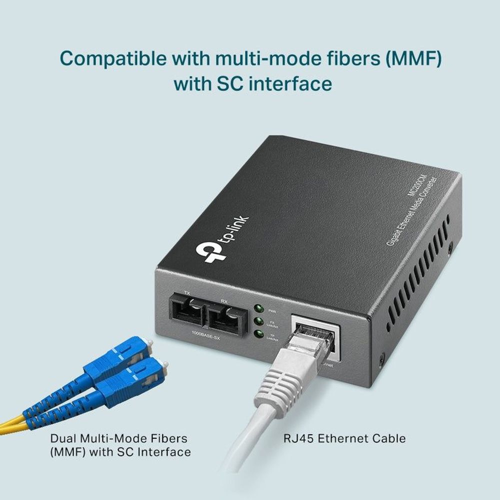 TP-Link gigabit media converter with SC interface and RJ45 Ethernet port, fiber and Ethernet cables