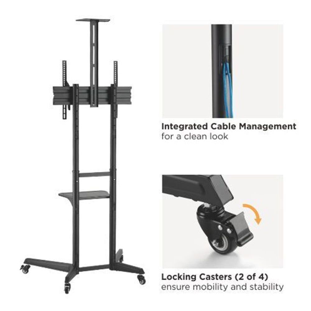 Steel TV cart with integrated cable management and locking casters on rolling base