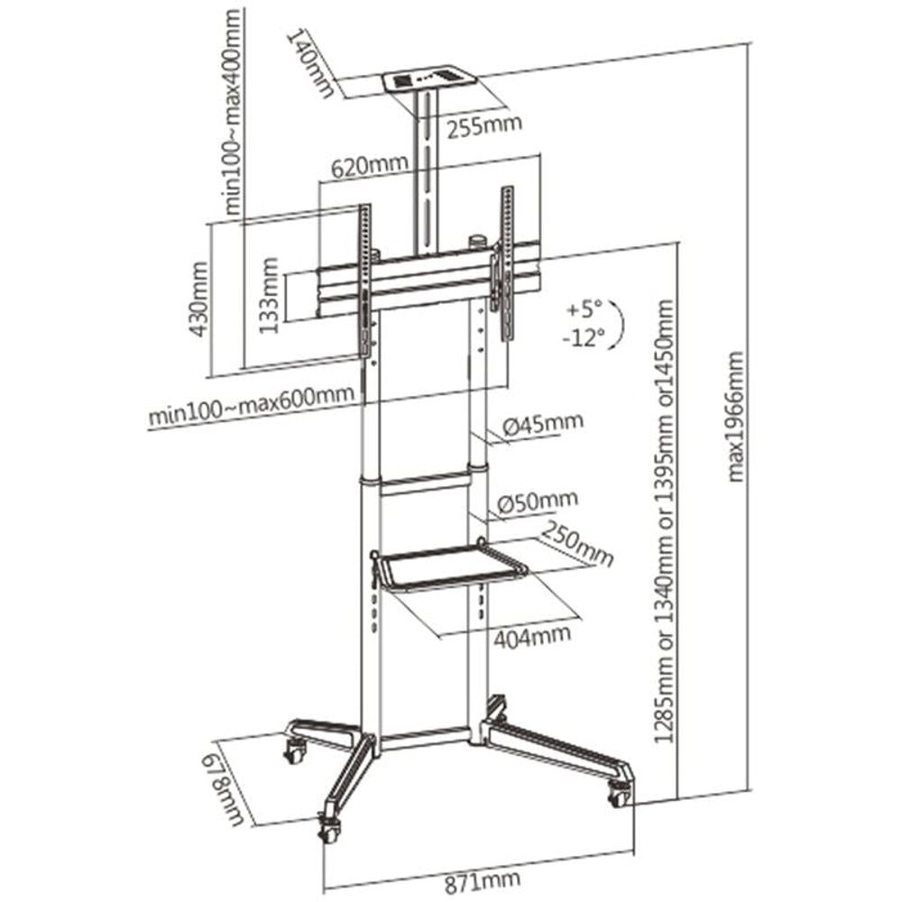 TV cart dimension diagram with VESA mounting rails and lower equipment shelf