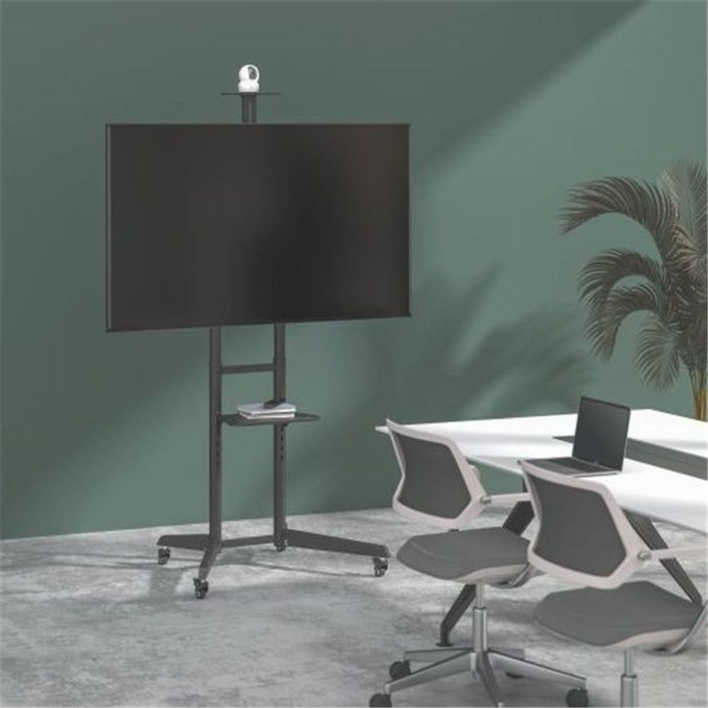 Steel TV cart with mounted display support and lower equipment shelf on casters