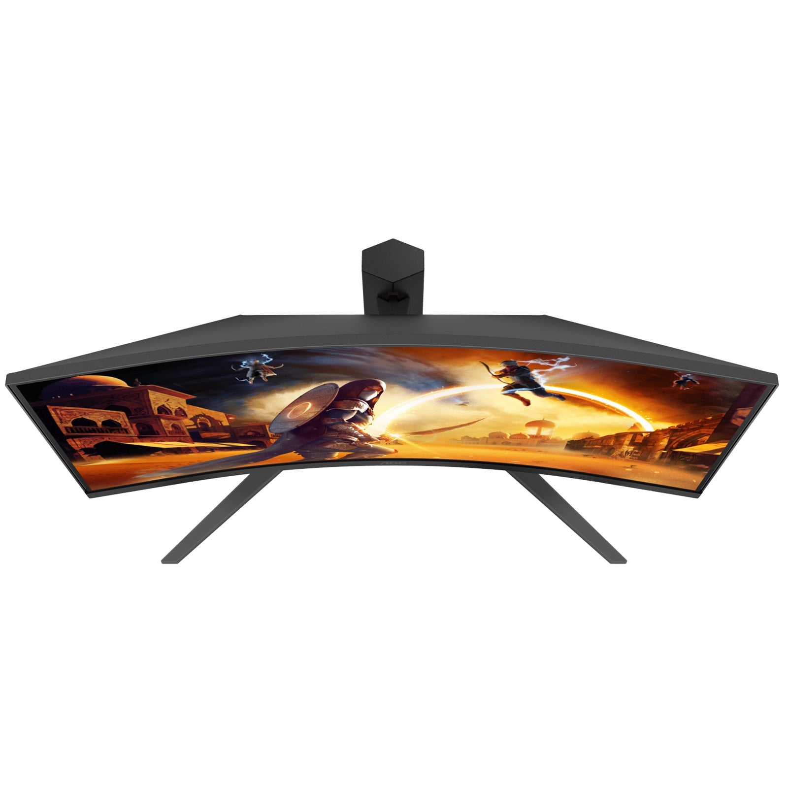 AOC curved gaming monitor from side angle, thin bezels and stand visible
