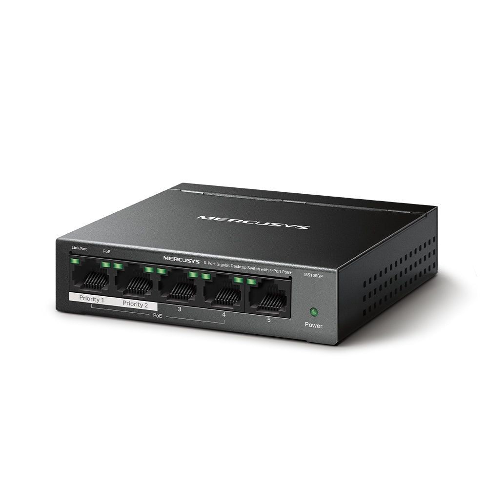 MER-MS105GP - Mercusys MS105GP, 5-Port Gigabit Desktop Switch with 4-Port PoE+