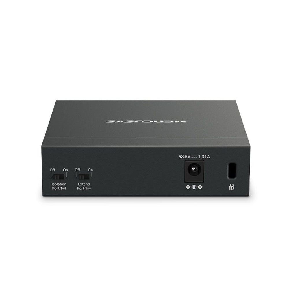Mercusys 5-port gigabit desktop switch, rear panel with power connector and switches