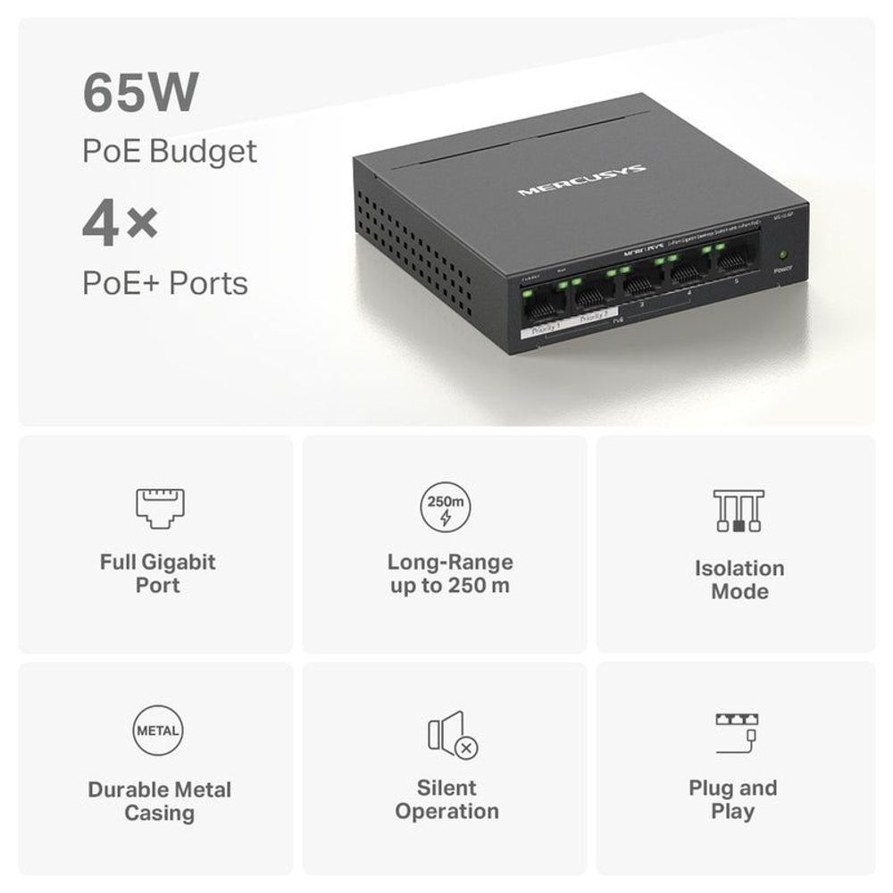 Mercusys PoE+ desktop switch, front ports with green Link/PoE status LEDs