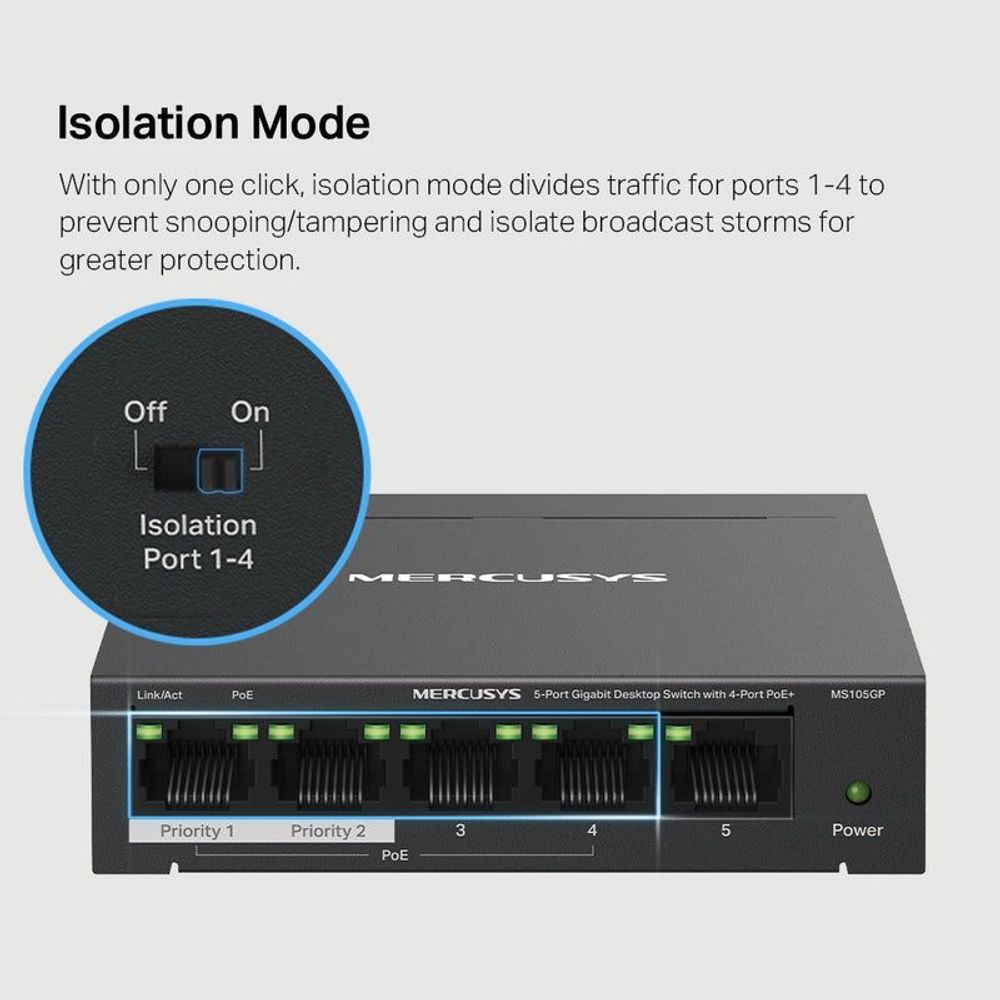 Mercusys PoE+ desktop switch with isolation mode indicator and front port panel