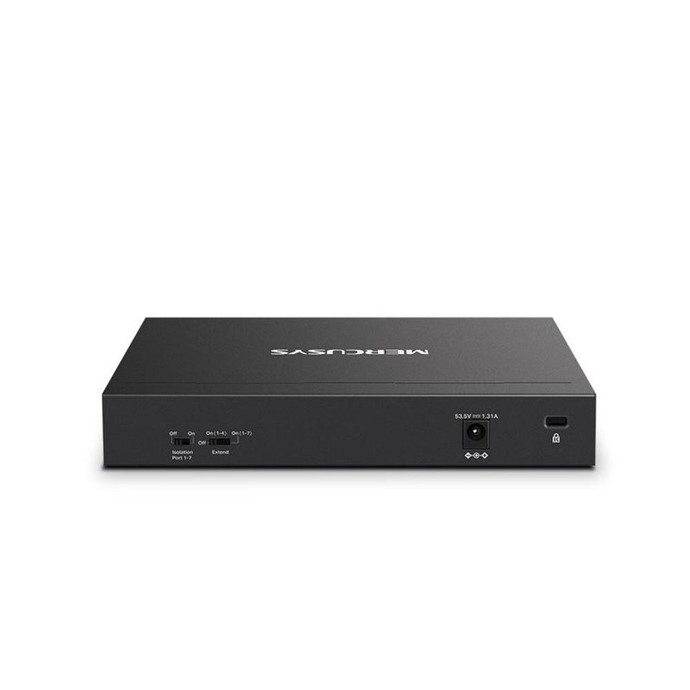 Mercusys desktop gigabit switch, rear panel connectors and power port visible.