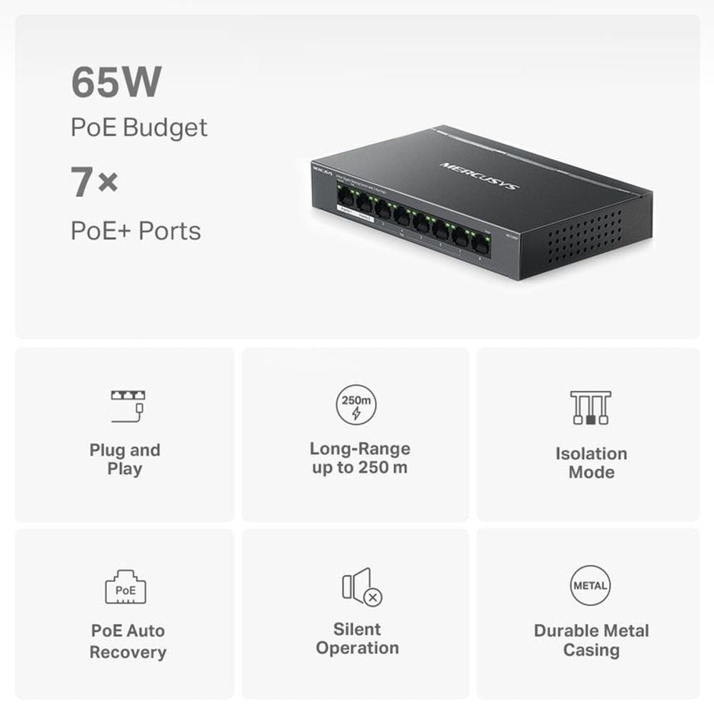 Mercusys 8-port gigabit desktop switch with 7 PoE+ ports, compact metal casing.