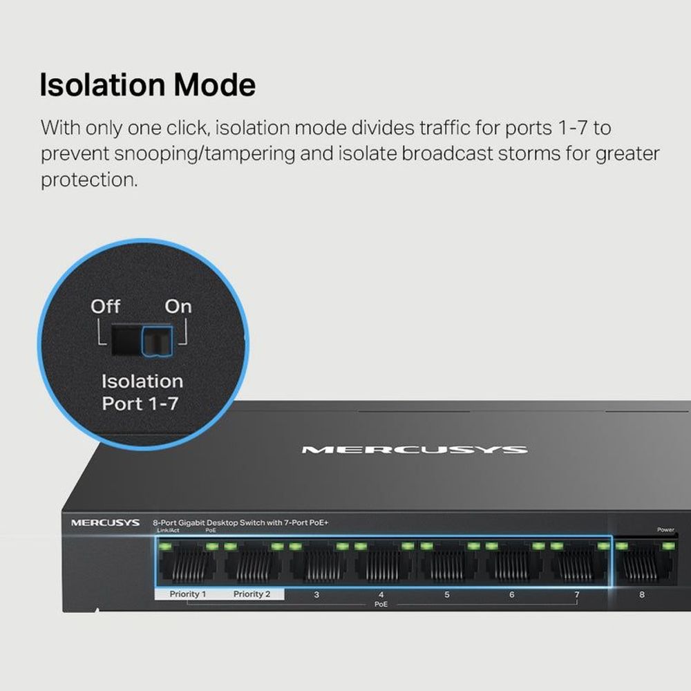 Mercusys PoE+ desktop switch, close-up of front ports and LED status bar.