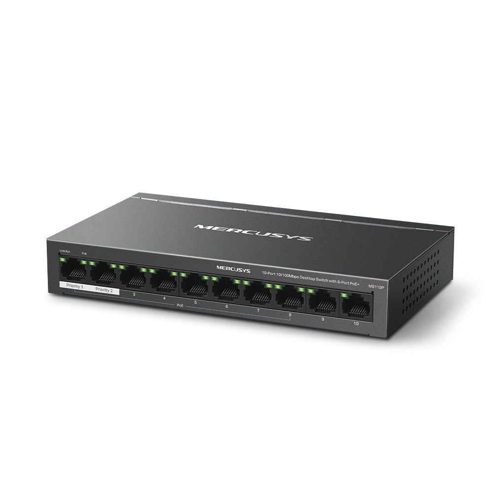 MER-MS110P - Mercusys MS110P, 10-Port 10/100Mbps Desktop Switch with 8-Port PoE+