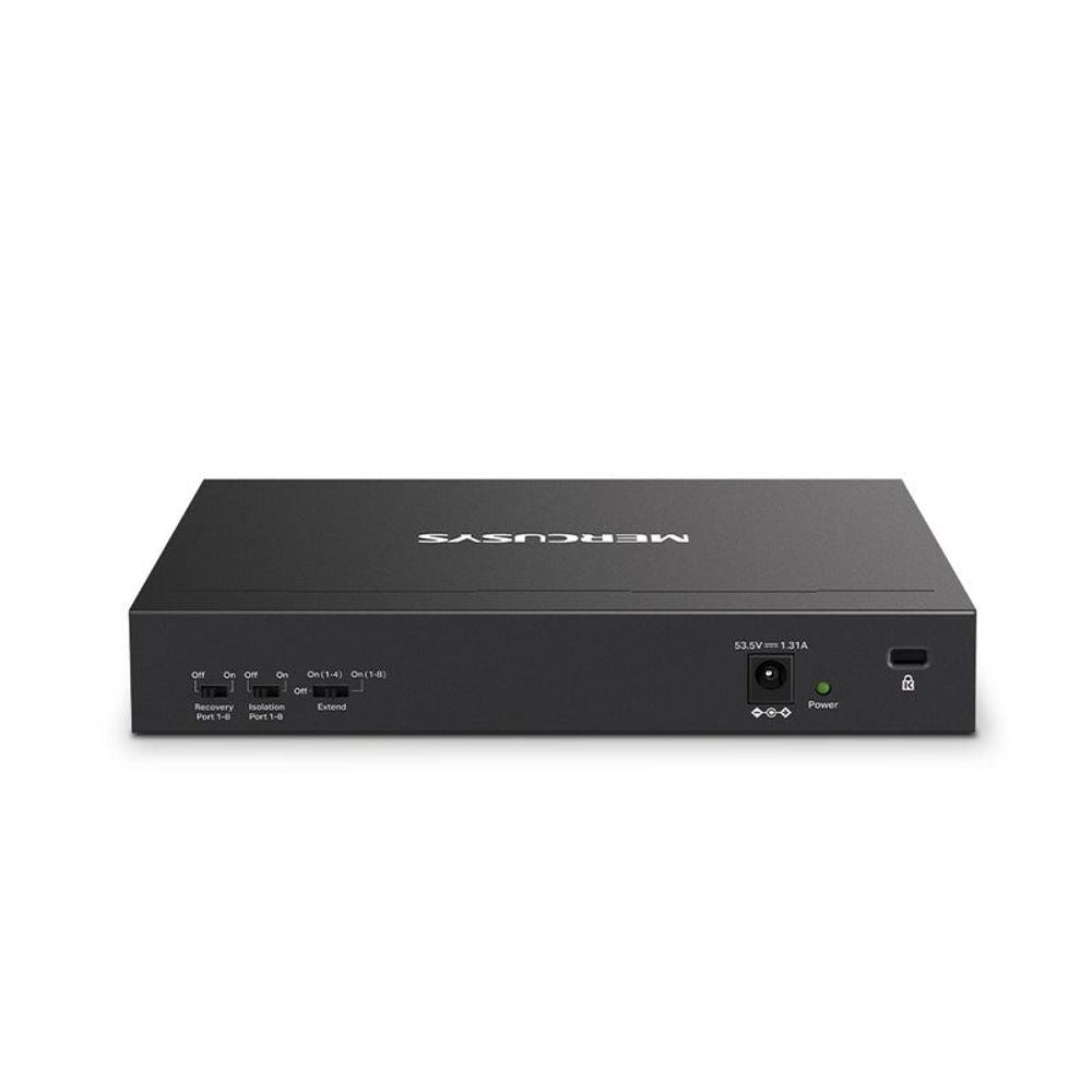Mercusys MS110P desktop Ethernet switch rear view with power and port connection area