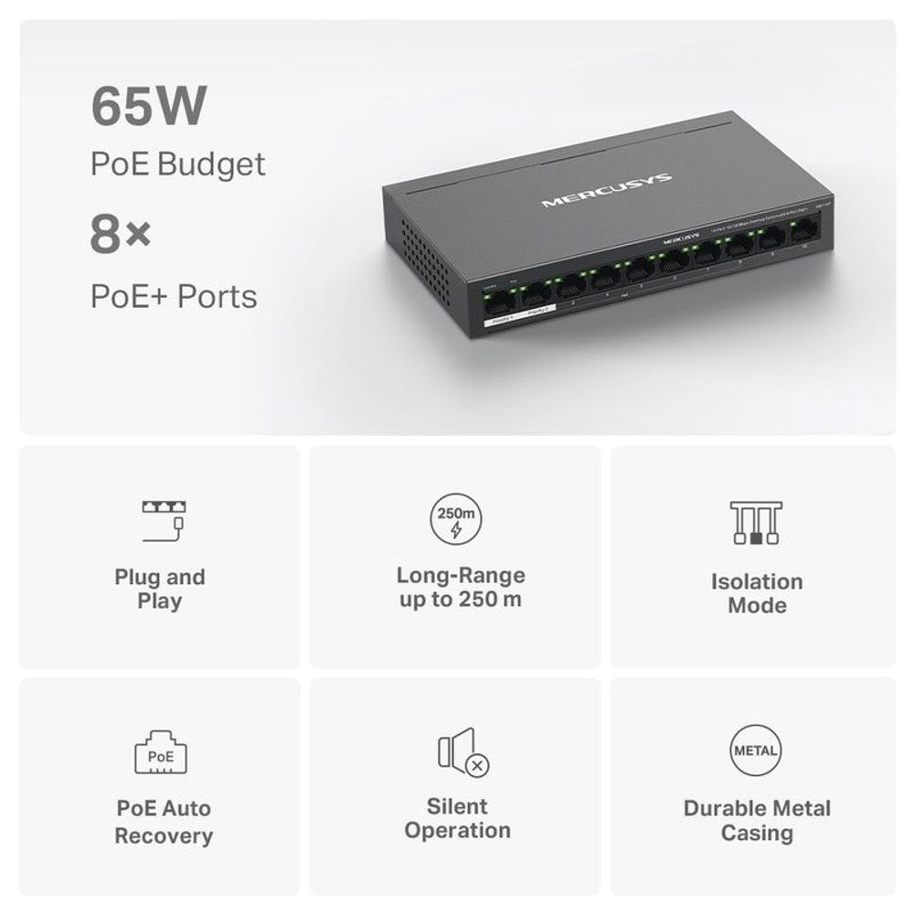 Mercusys MS110P desktop switch with 8 PoE+ ports and compact metal housing