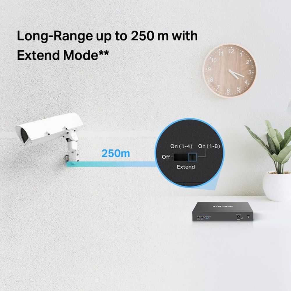 Mercusys MS110P switch with extend-mode concept graphic and small desktop metal body