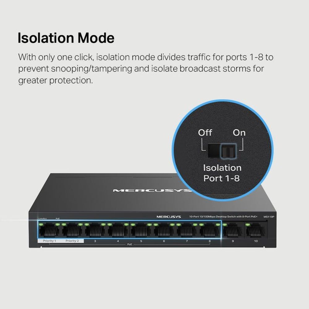 Mercusys MS110P switch with isolation-mode graphic and front port LED indicators